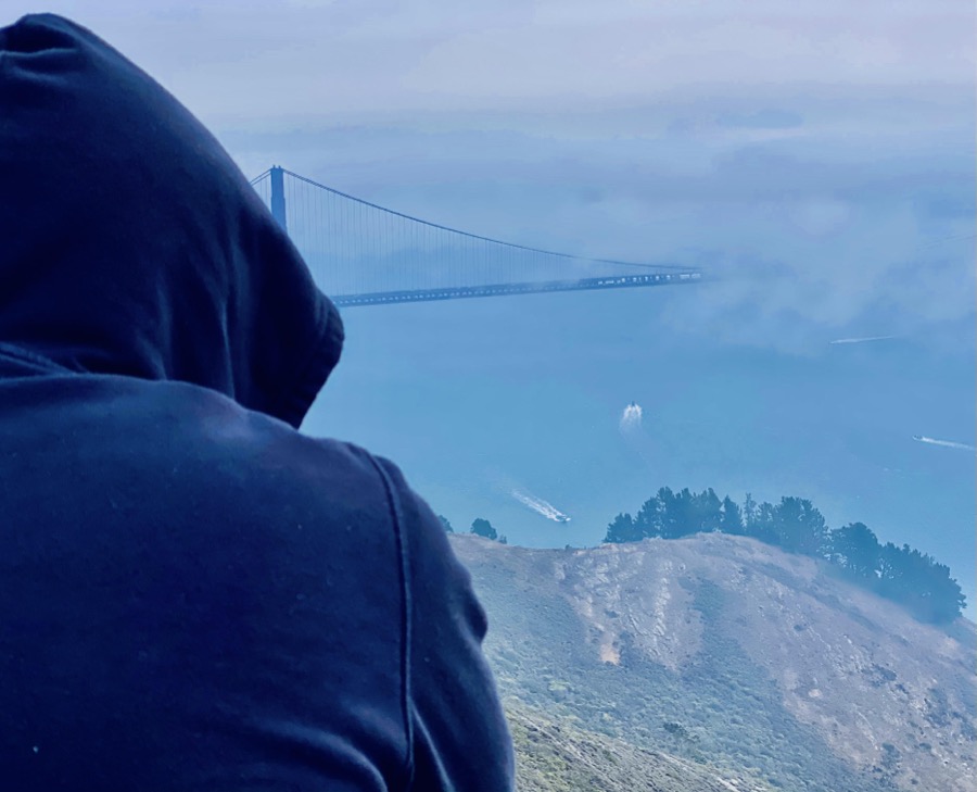 Looking at the Golden Gate Bridge through the clouds, San Francisco