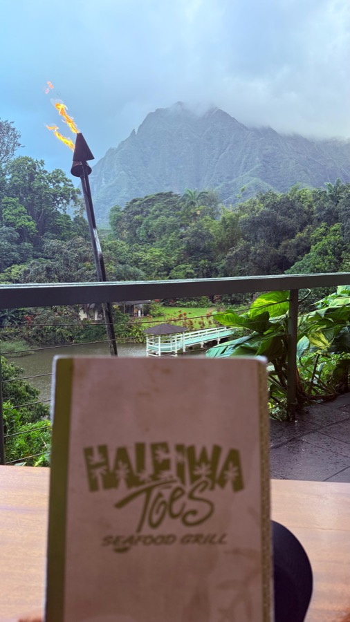 View from our table at Haleiwa Joe's: tiki torch, lush gardens, misty mountains