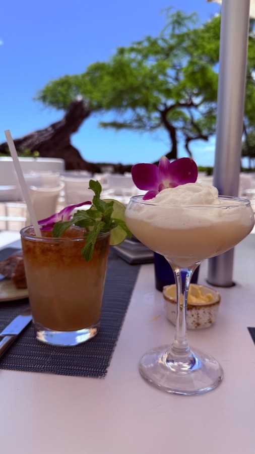Cocktails at House Without a Key, Halekulani Hotel, with the hau tree and ocean in the background